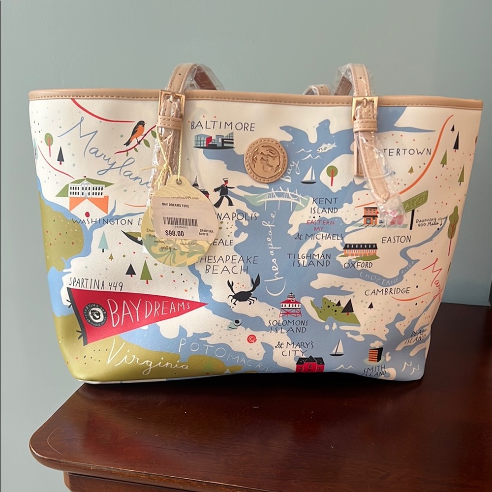 Spartina 449 Blue and Cream Map Print Tote of Eastern Shore